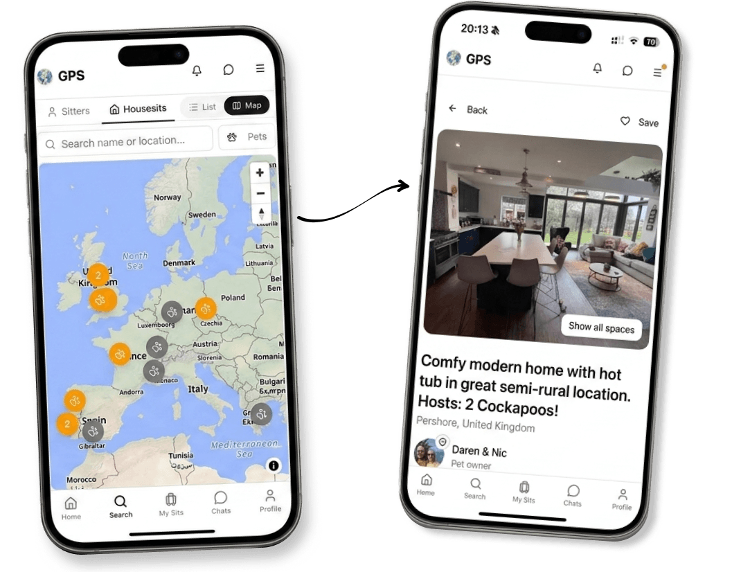 Global Pet Sitter app on iPhone showing the home screen and map view