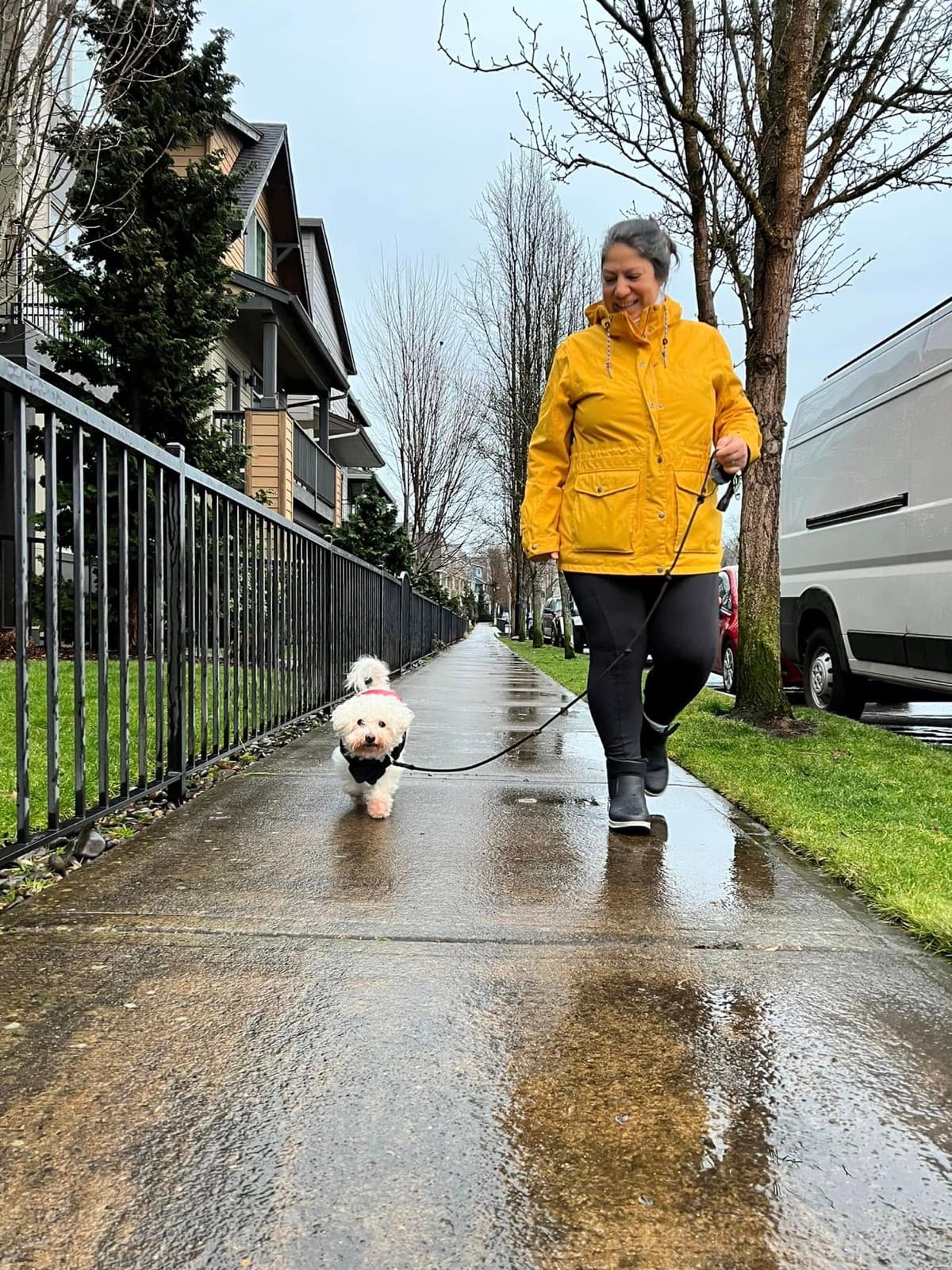 Een oppasser in een gele regenjas laat een klein wit hondje uit in de regen
