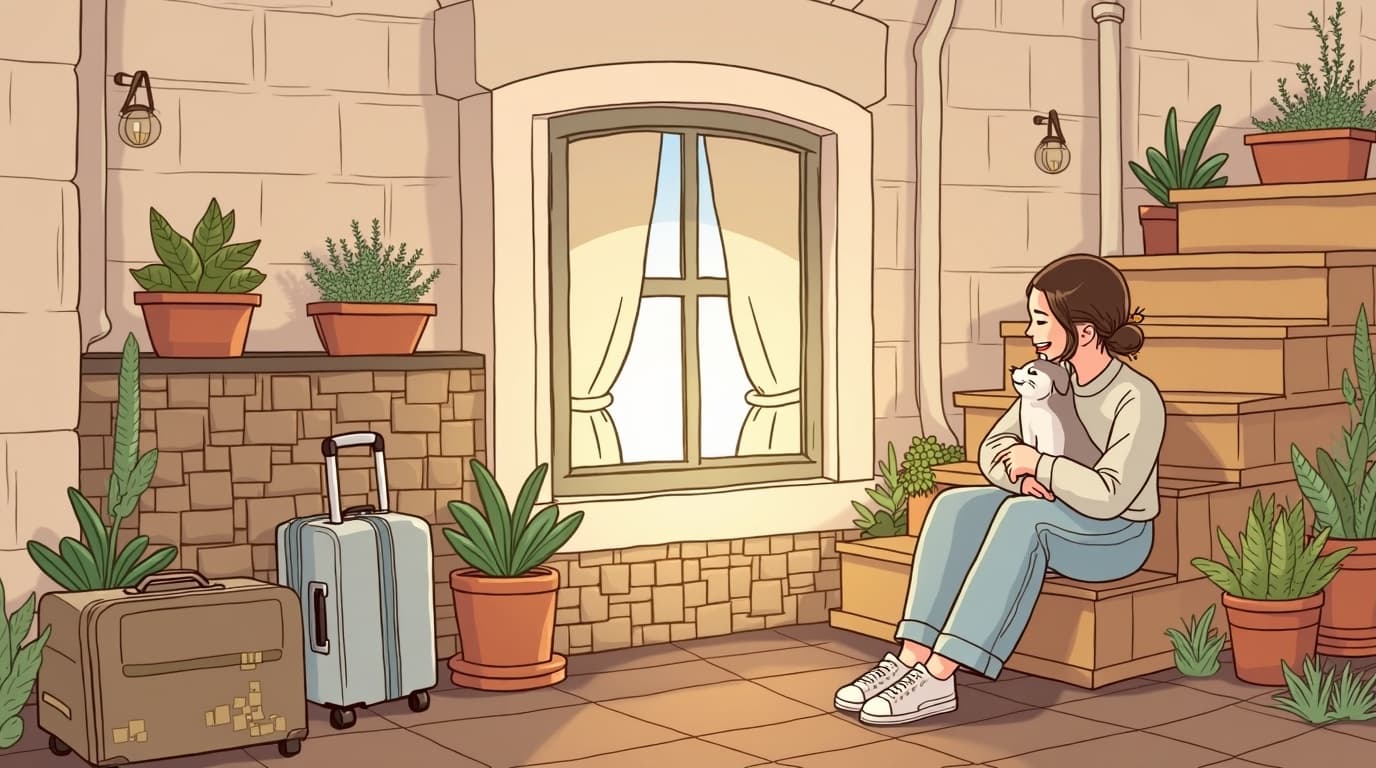 Traveler with a dog in a European street